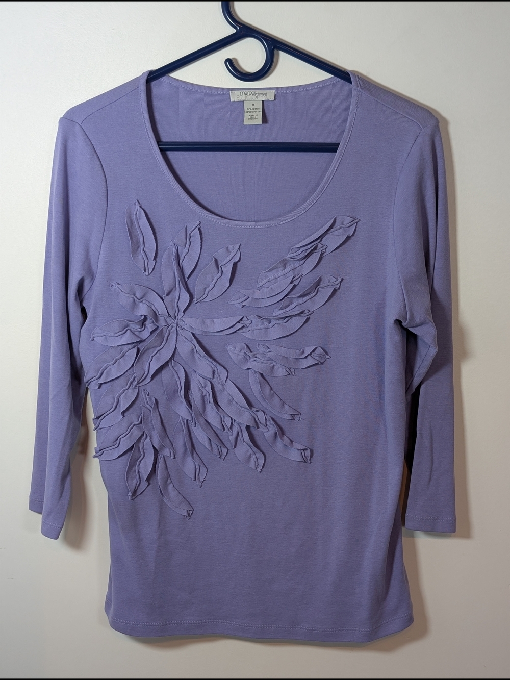Mercer Street Studio Purple Knit Scoop Neck 3/4 Sleeve Ruffle Top M